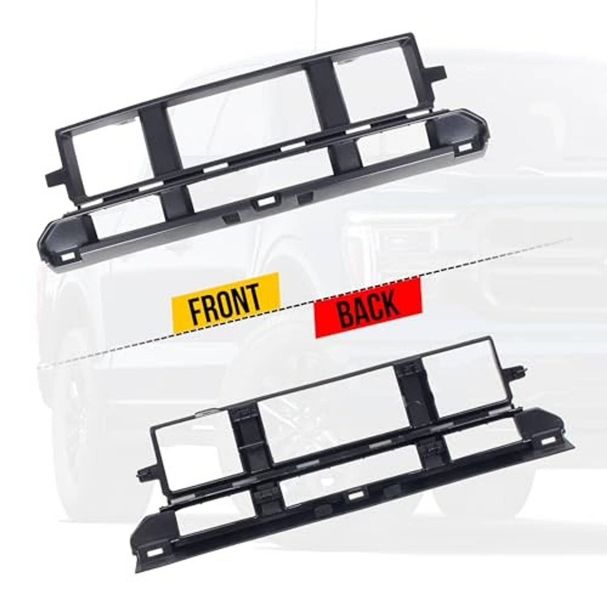 Front bumper grille insert frame with black mounting tabs; shows front and back views