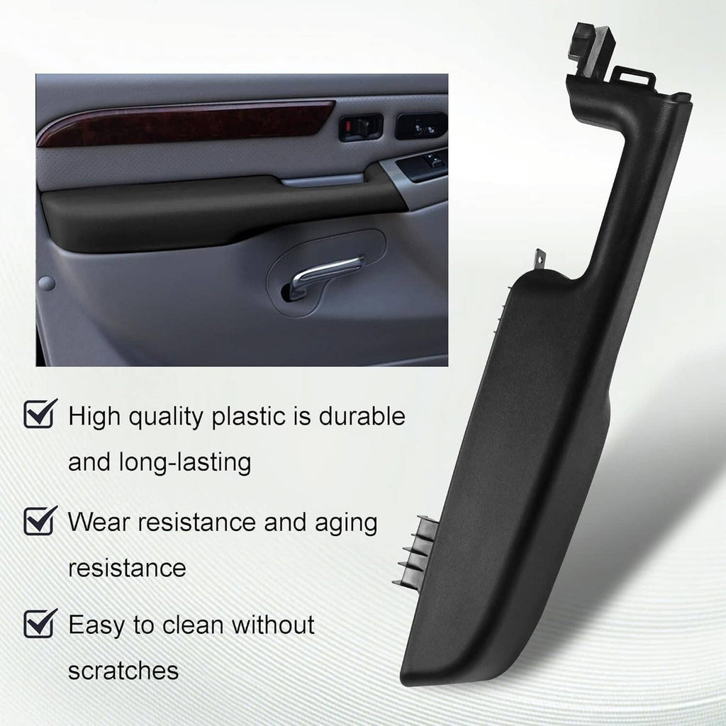 Front door armrest handle, black plastic, shown beside interior door panel