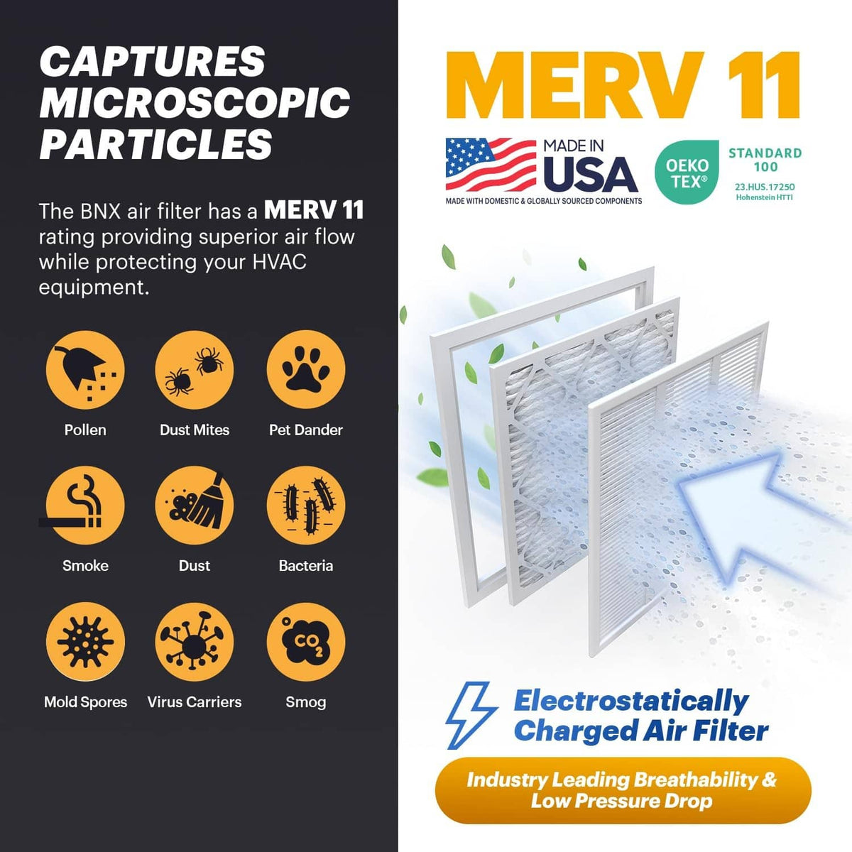 MERV 11 air filter captures pollen, dust, pet dander; electrostatically charged media.