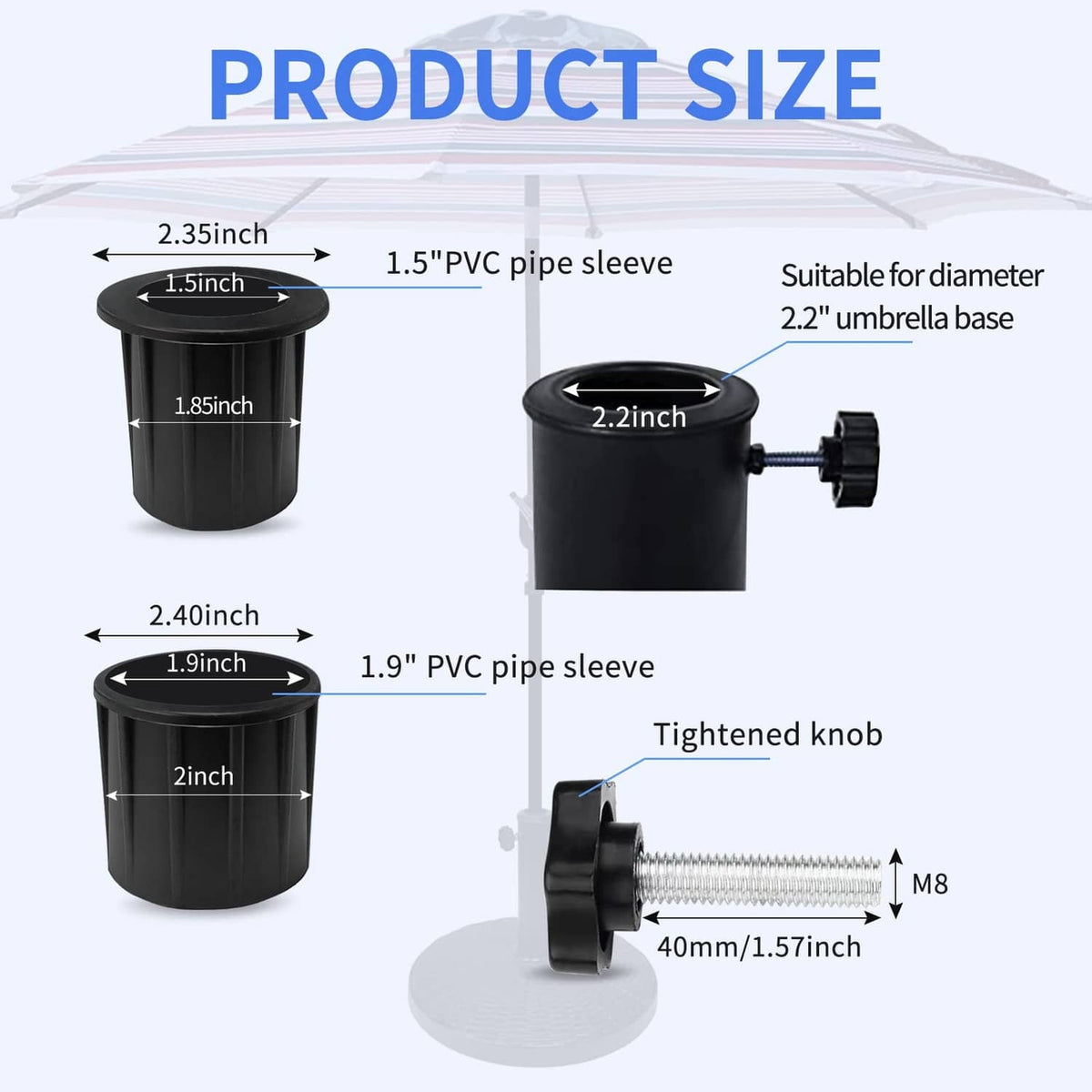 Black umbrella base adapter sleeves with threaded screw and PVC pipe sleeve connectors