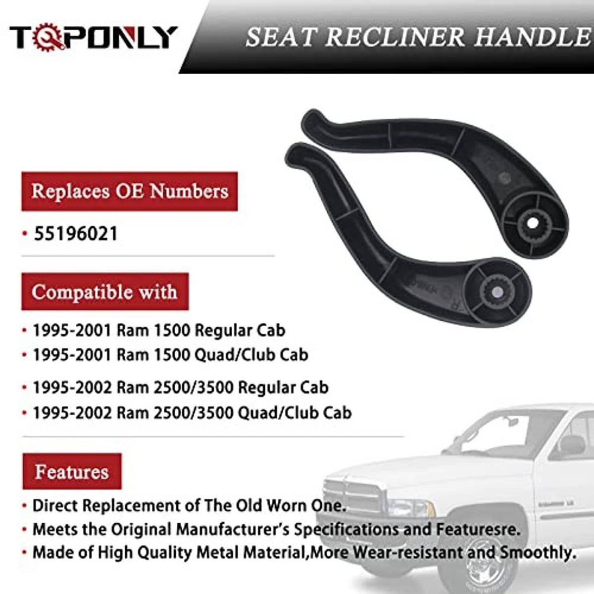 Black seat recliner handle lever pair with pivot ends and round mounting points