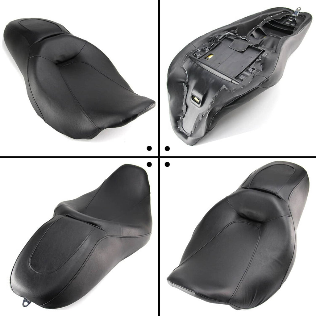 Black motorcycle seat set shown from top and underside with mounting hardware detail.