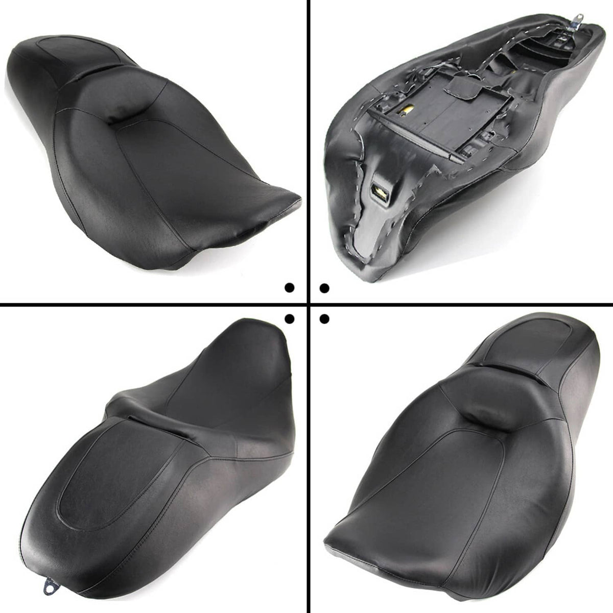 Black motorcycle seat set shown from top and underside with mounting hardware detail.