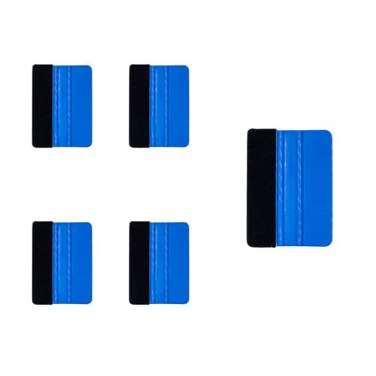 Plastic felt edge squeegee tools, blue and black rectangular applicators in a pack