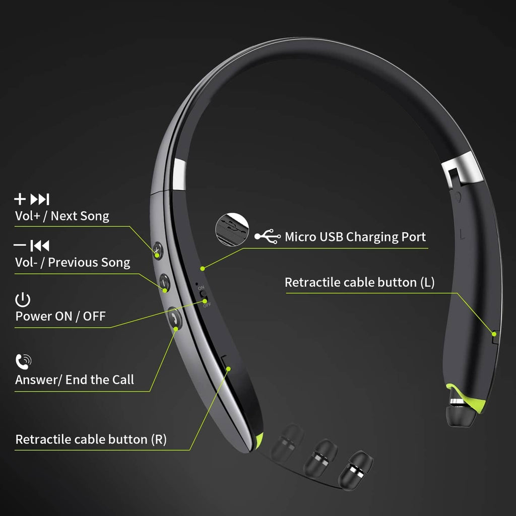 Grey neckband headset showing charging port and retractable cable buttons with green tabs.