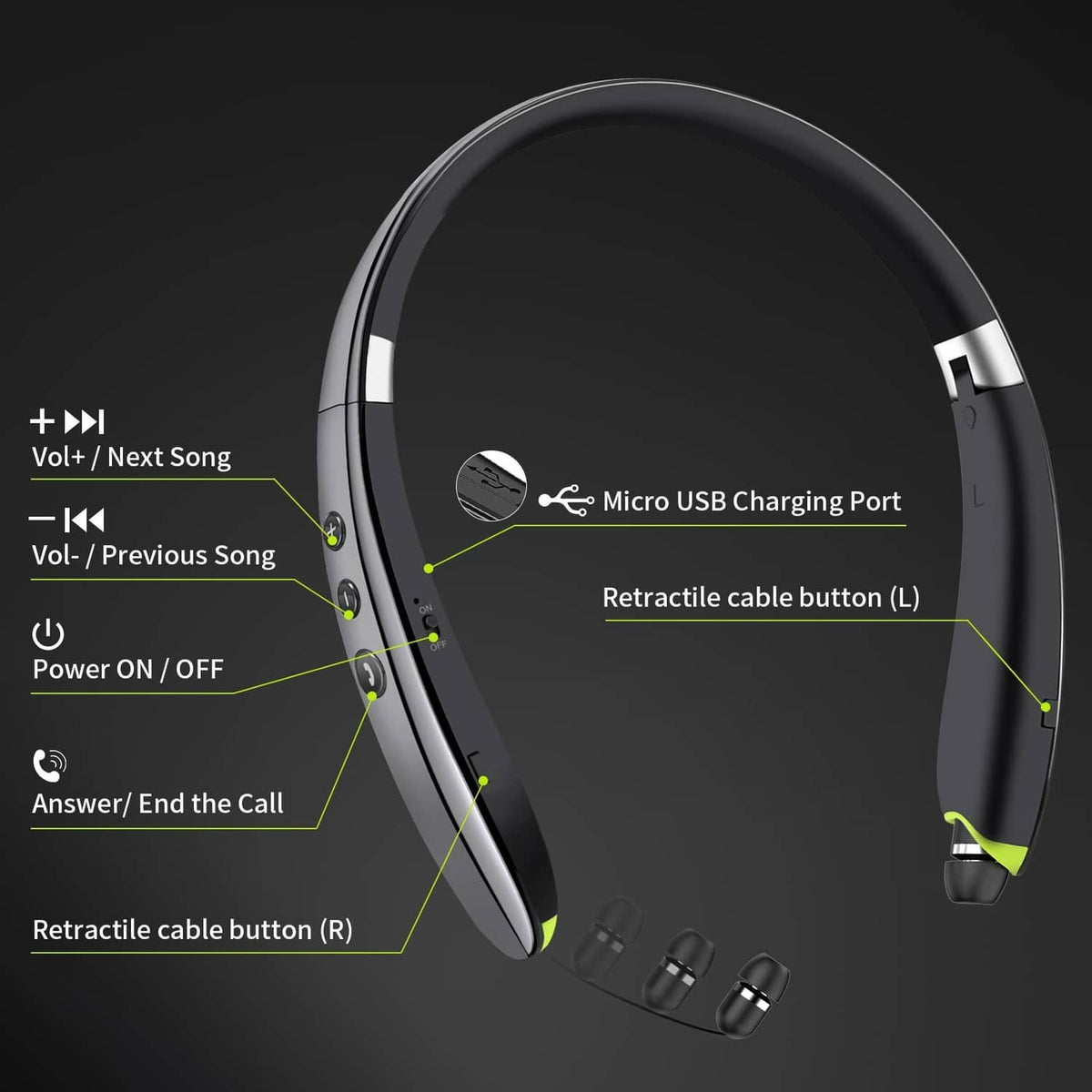 Grey neckband headset showing charging port and retractable cable buttons with green tabs.