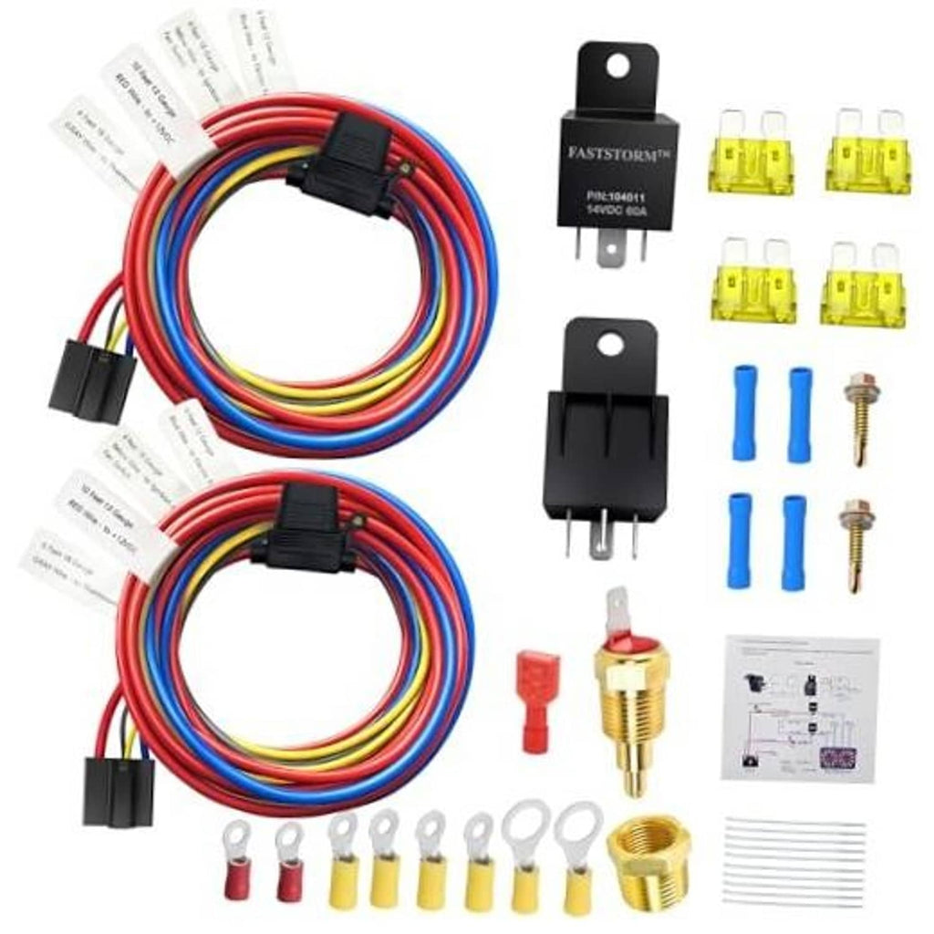 Dual electric fan relay kit with twin relays, fuse blocks, and color wire harness