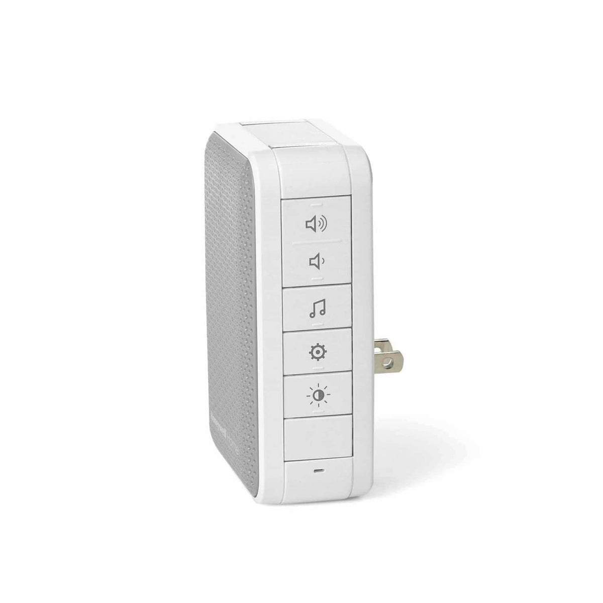 White plug-in wireless doorbell chime showing side controls and mounting plug