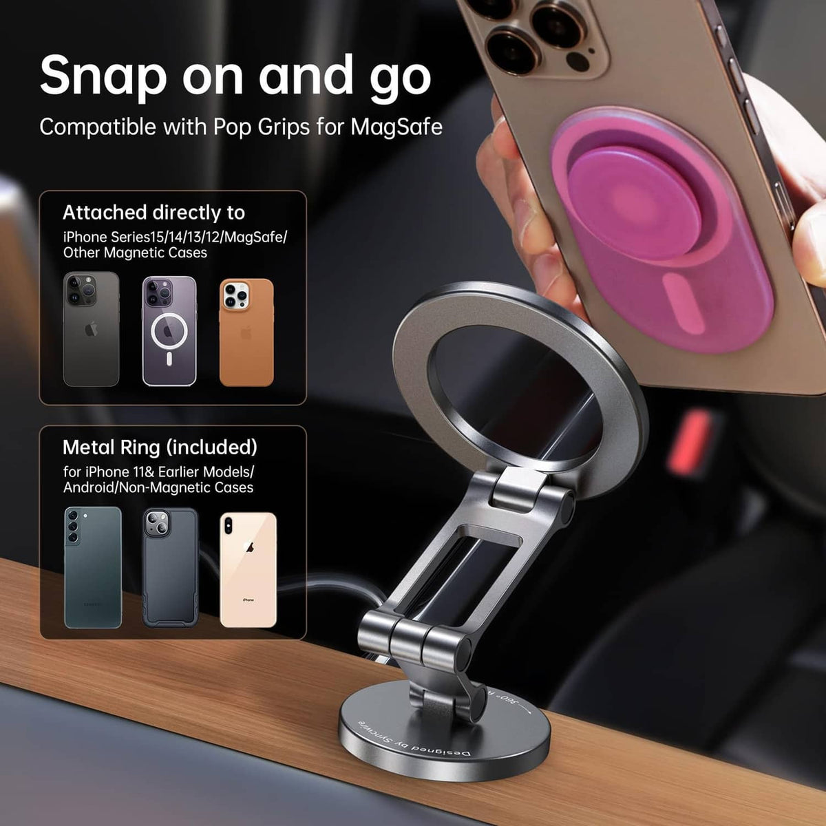 MagSafe-compatible magnetic car mount with included metal ring and silver stand