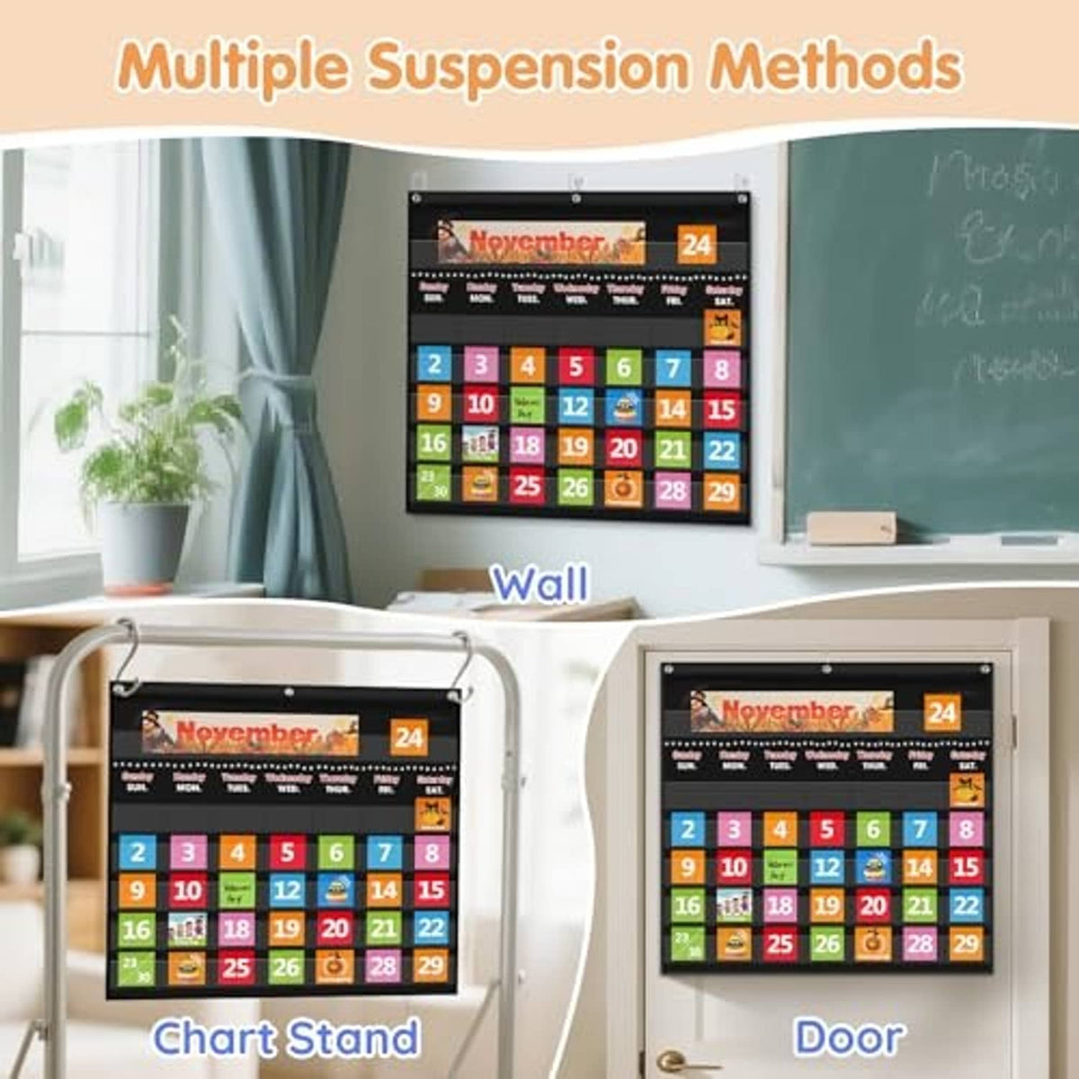 Classroom calendar pocket chart shown for wall, chart-stand, and door hanging