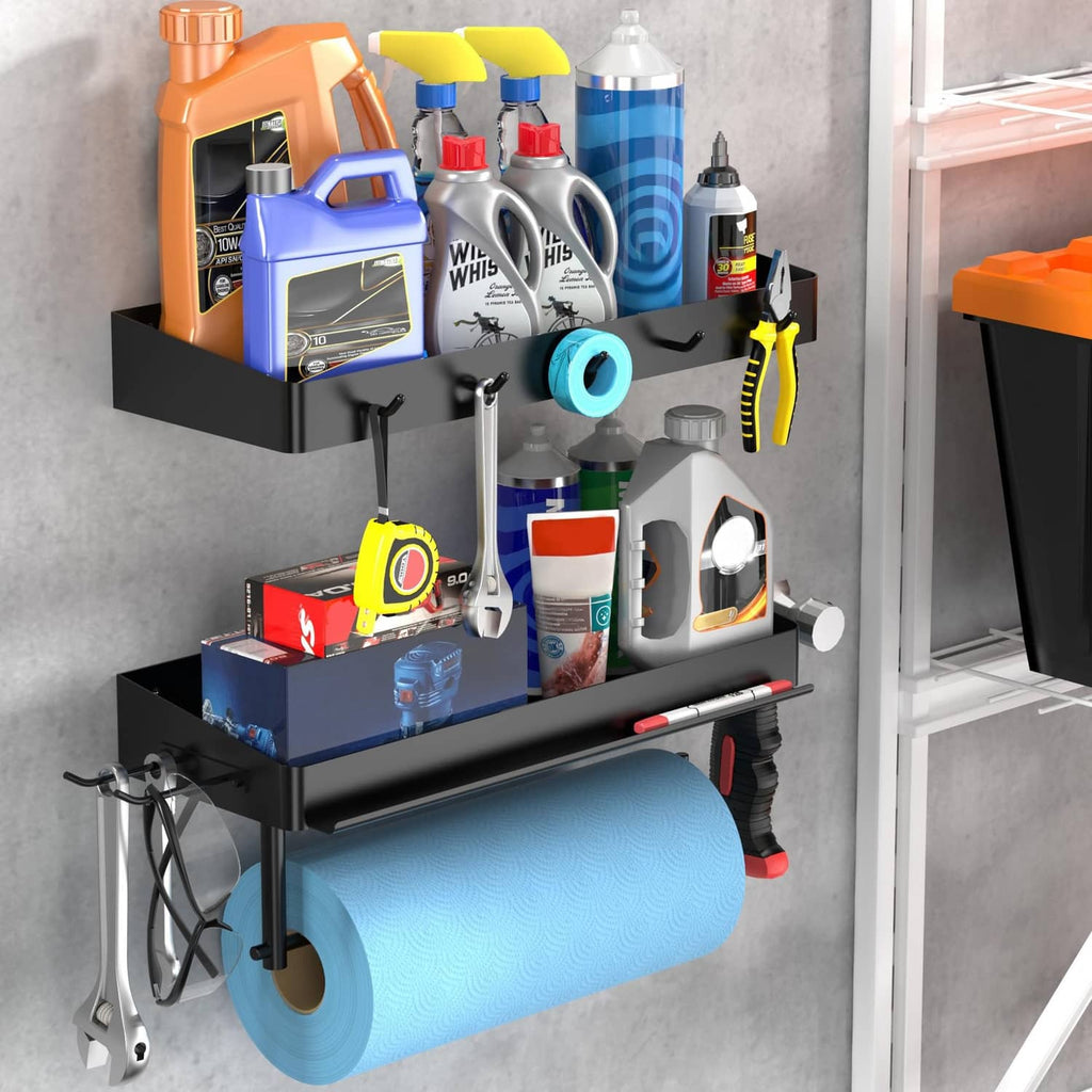 ZUNTO black garage organizer shelf with hooks and holder for blue roll