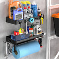 ZUNTO black garage organizer shelf with hooks and holder for blue roll