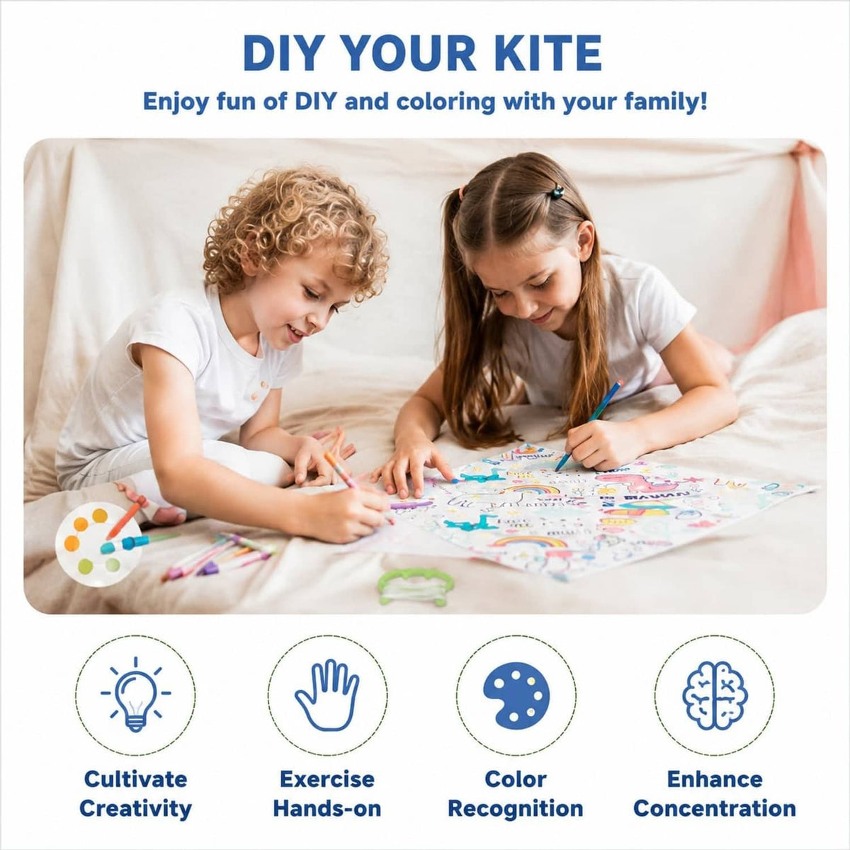 Children coloring a DIY kite kit, drawing on the kite with colorful markers