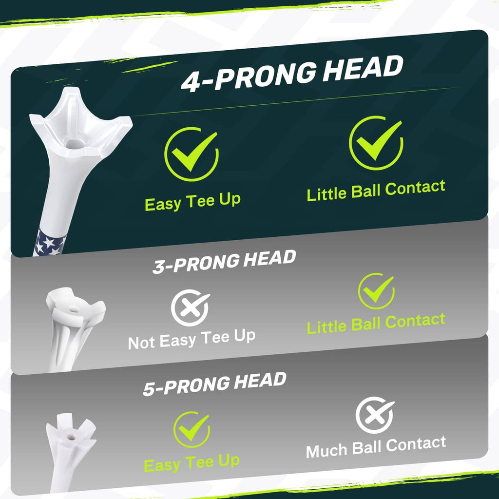 White golf tee heads showing 4-prong, 3-prong, and 5-prong shapes