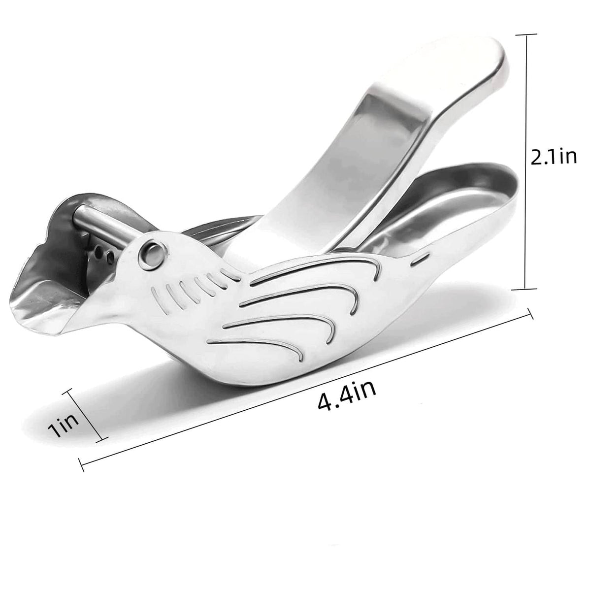 Bird-shaped stainless citrus juicer, size 4.4 in x 2.1 in x 7 in