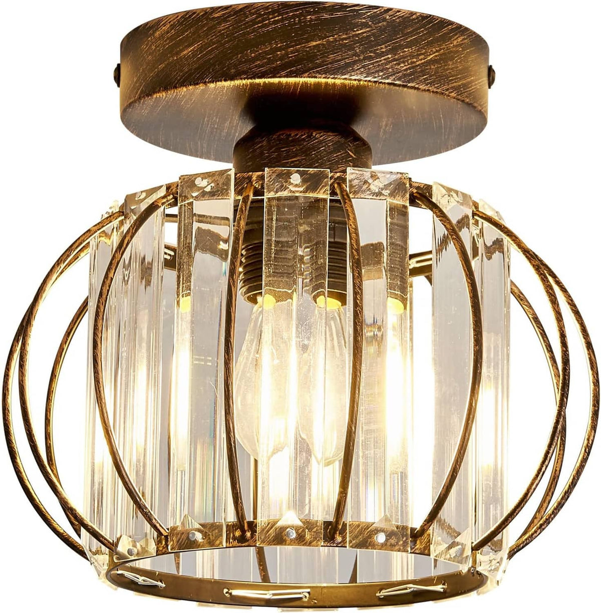Close-up oil-rubbed bronze semi-flush ceiling light with clear crystal prisms and metal cage