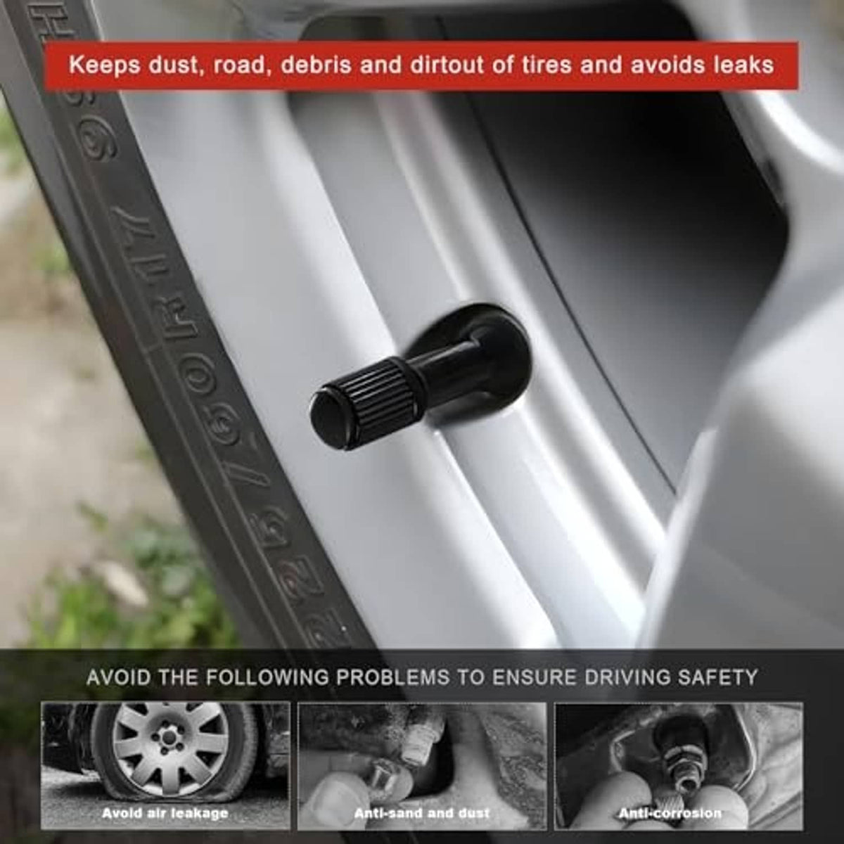 Tire valve core wrench tip shown on a wheel valve stem, with black knurled grip