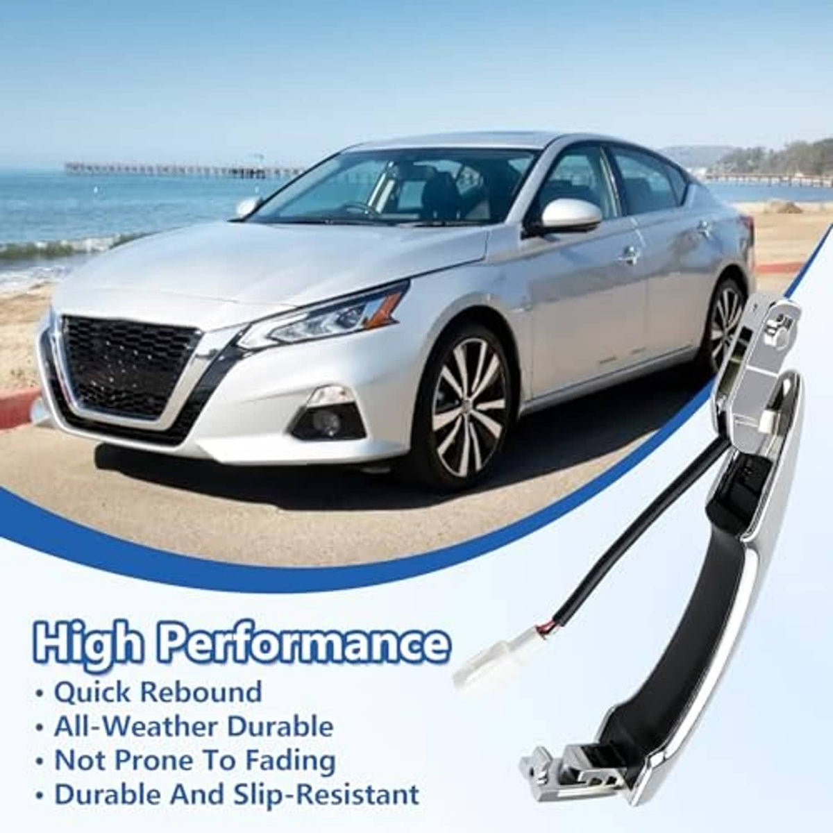 Chrome door handle installed on front right passenger door, on vehicle exterior