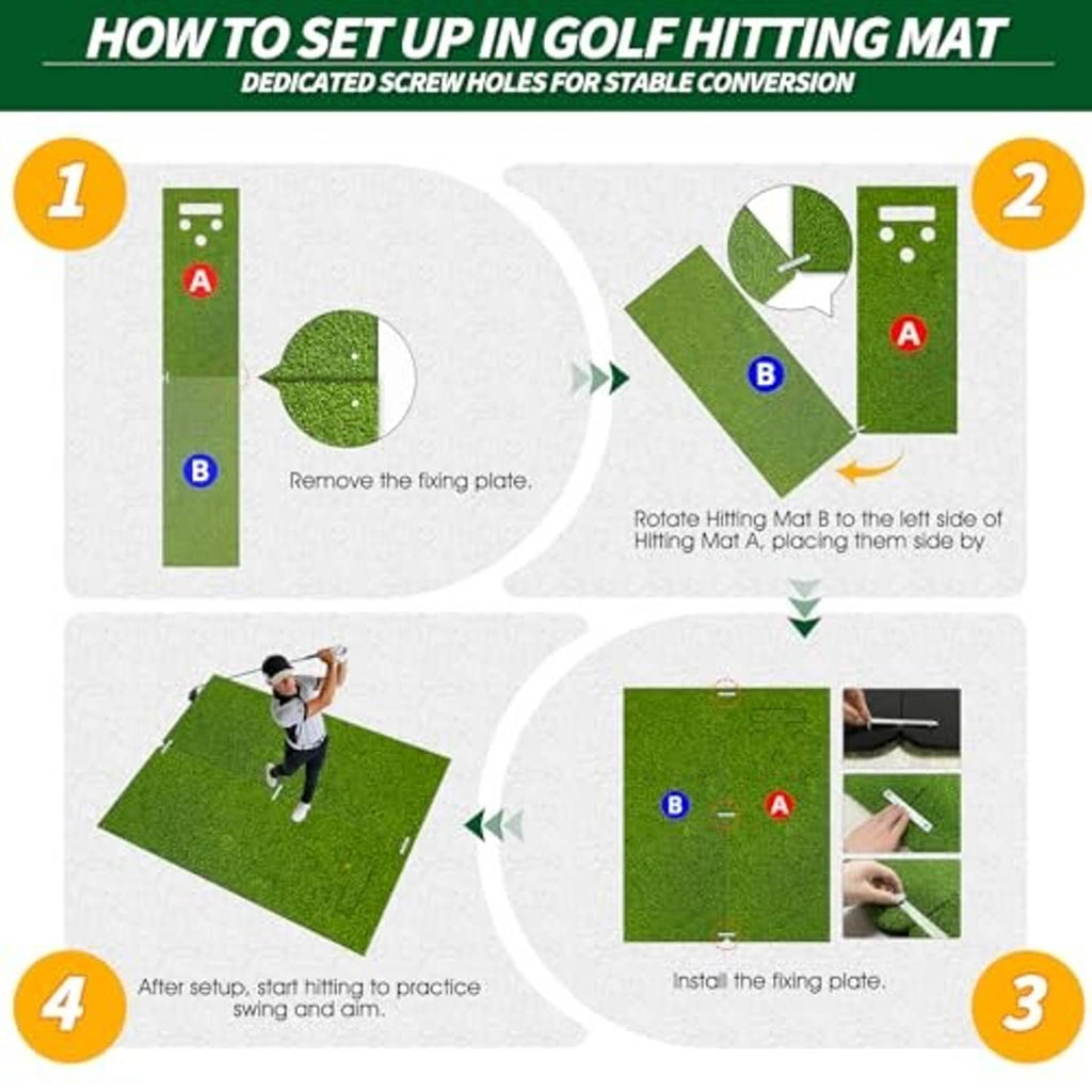 Golf hitting mat setup illustration with green turf panel and connector plates