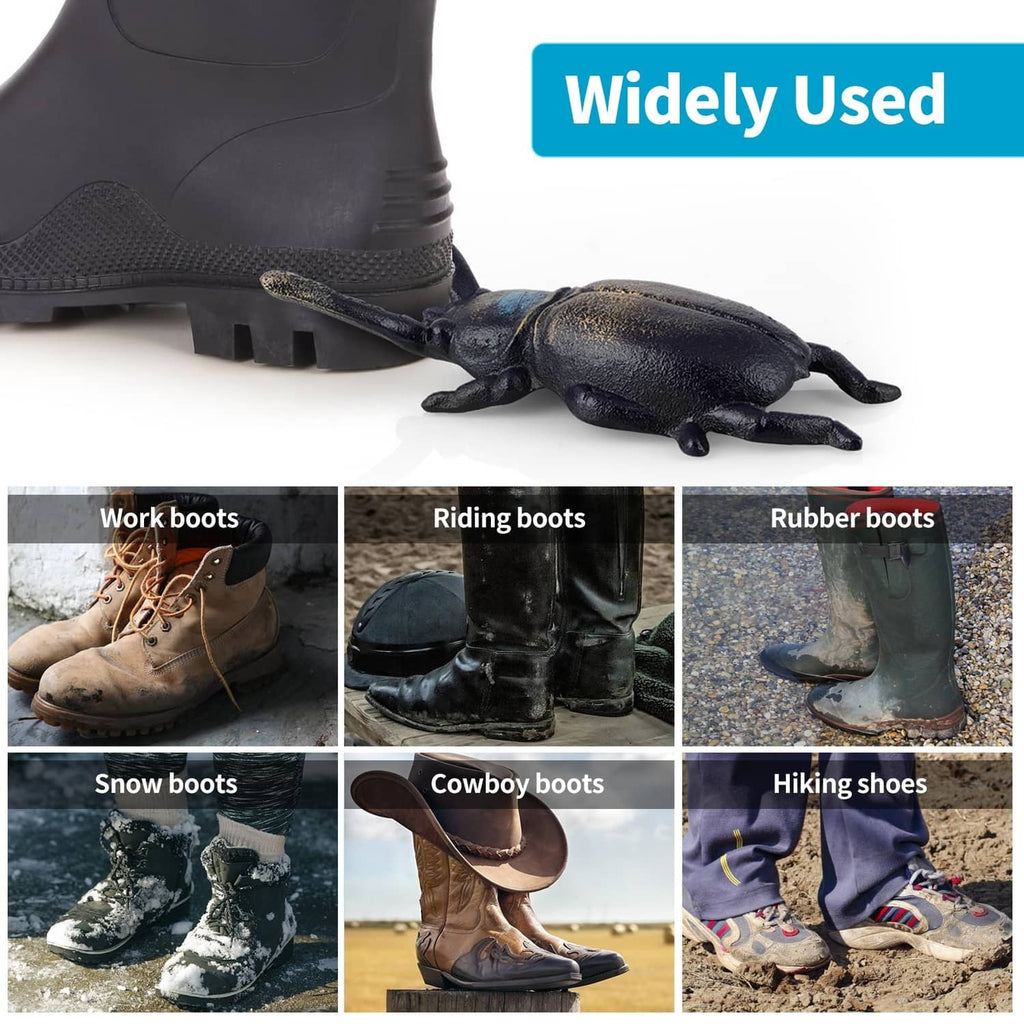 Cast iron beetle boot jack positioned under a boot heel for hands-free lifting