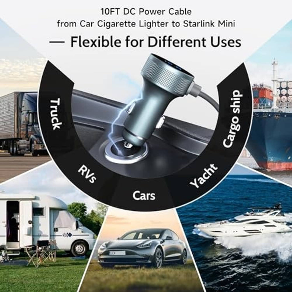 Flexible car DC power cable with cigarette-lighter plug and DC adapter connector