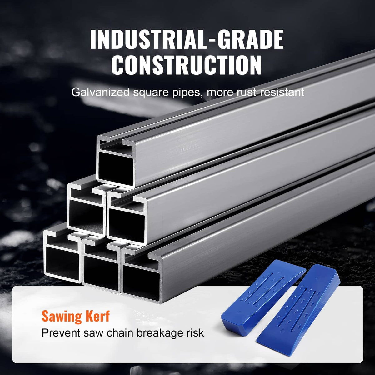 Galvanized steel chainsaw mill frame with sawing kerf guide, silver with blue pads