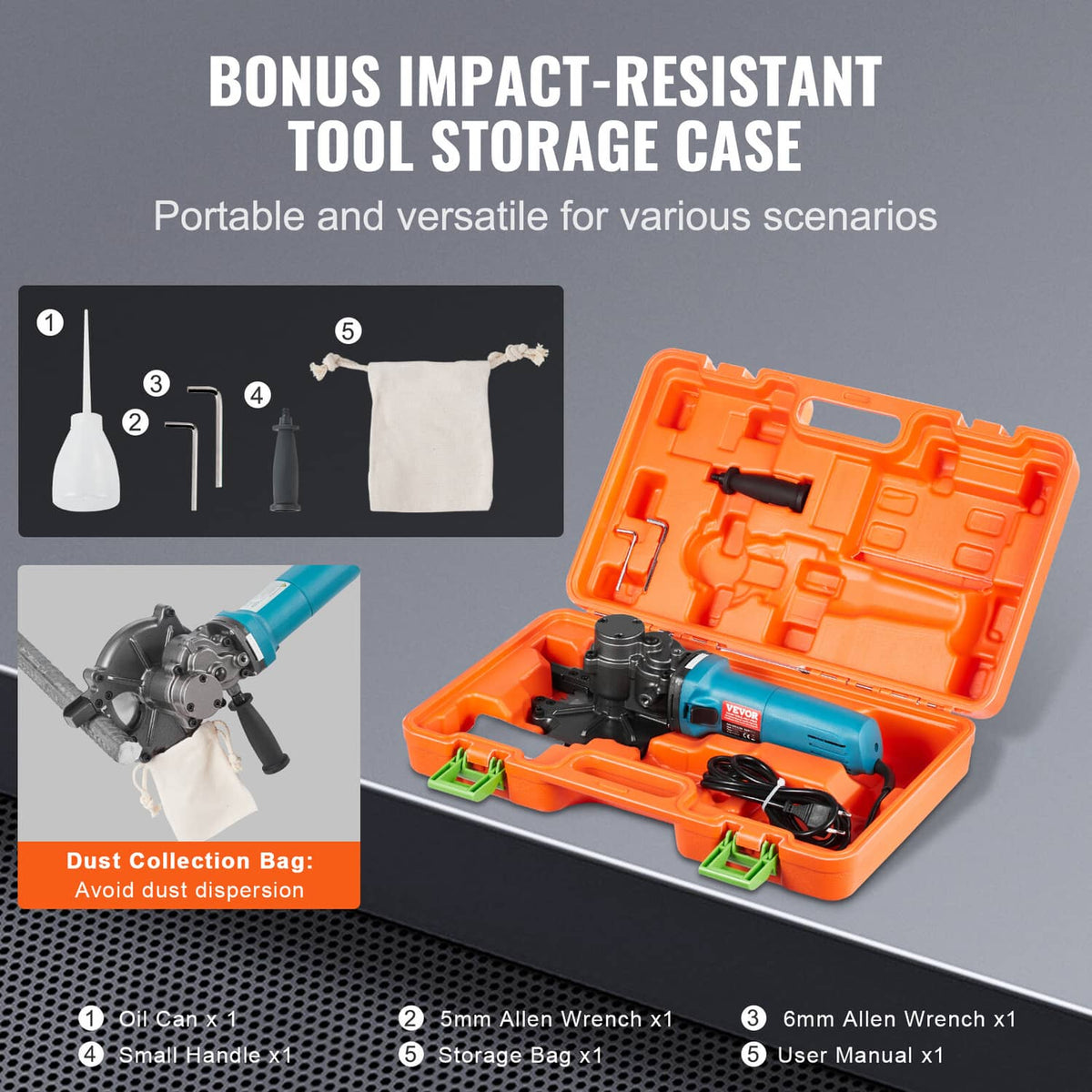 Electric rebar cutter kit in orange storage case with accessories
