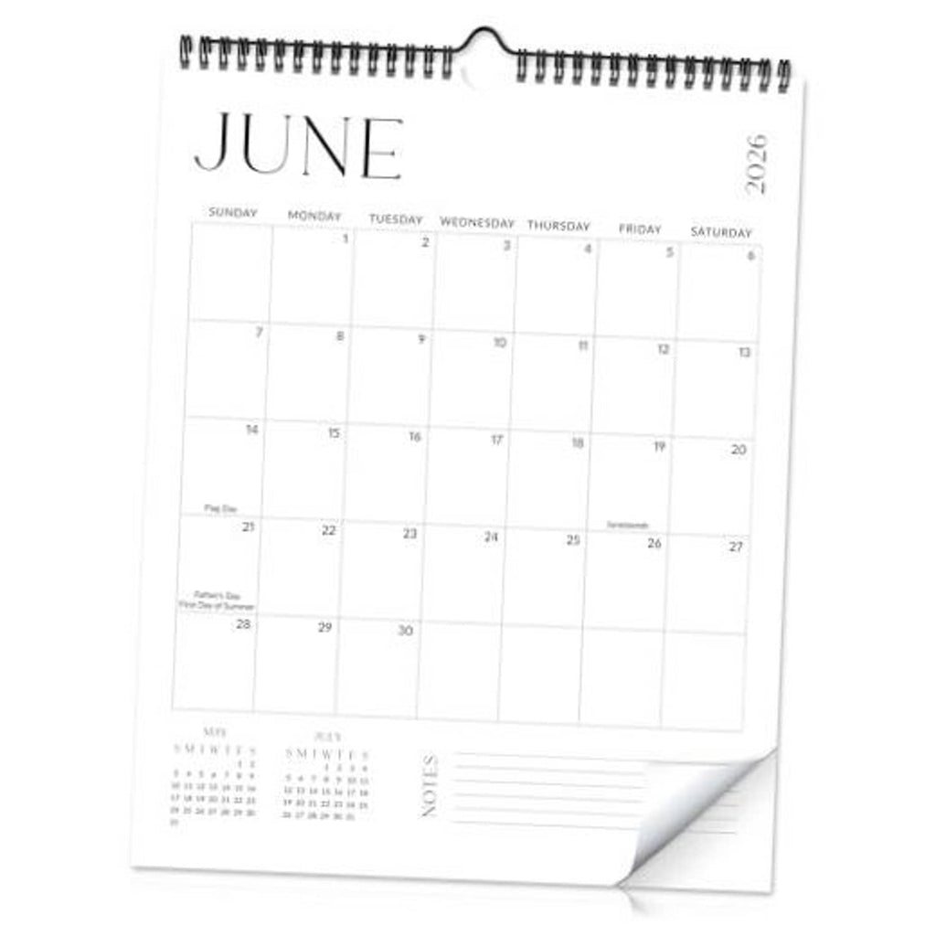June wall calendar sheet with spiral binding and hanging hook, blank date grid