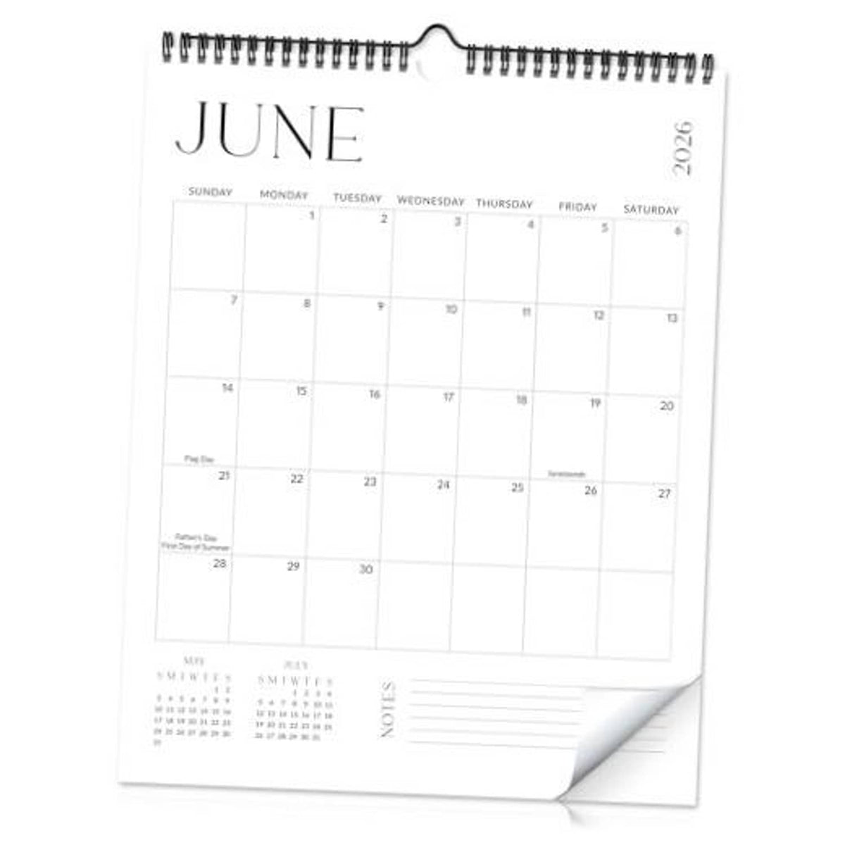 June wall calendar sheet with spiral binding and hanging hook, blank date grid