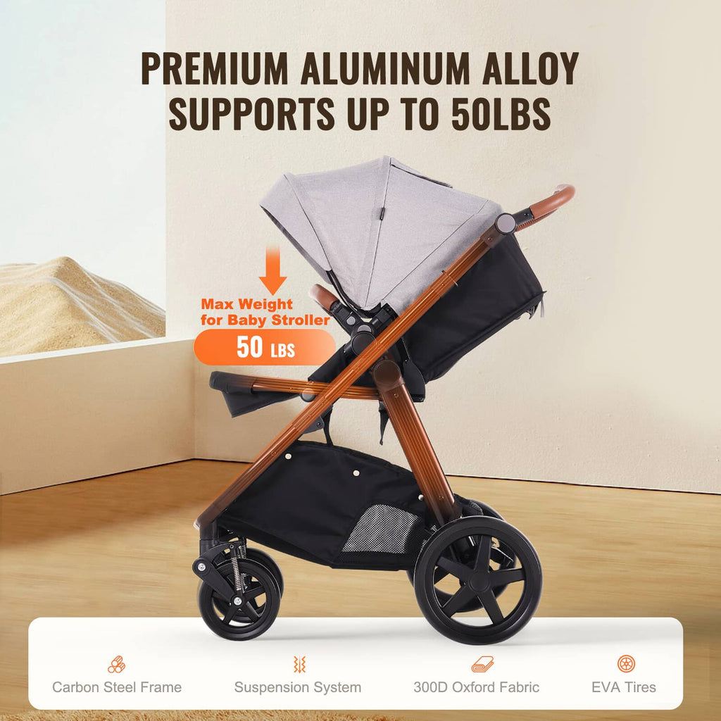 Light gray stroller with black seat, wood-look handle and canopy