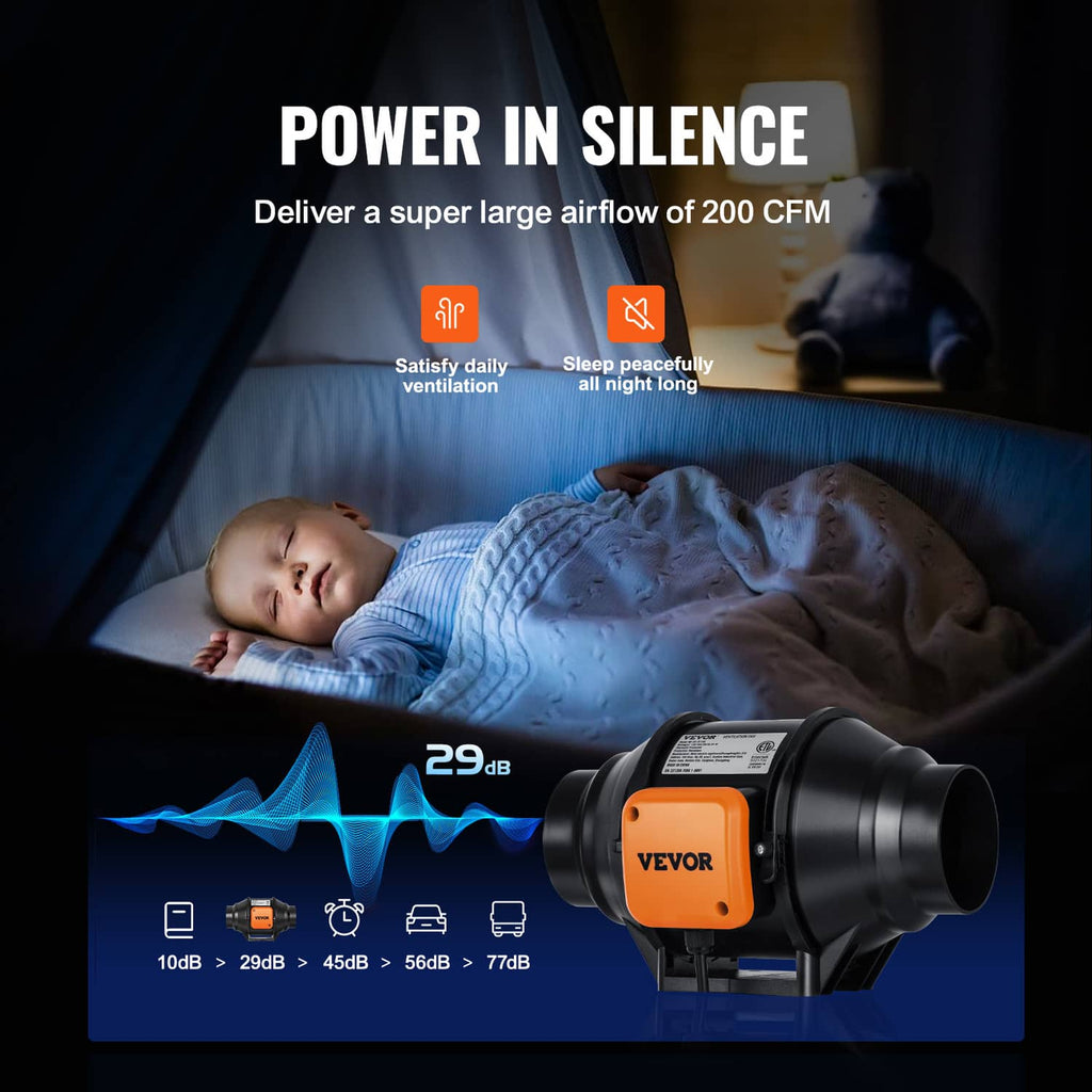 Inline duct fan blower with orange VEVOR controller, quiet operation graphic