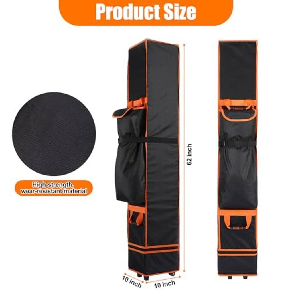 Black wheeled storage bag with orange trim and front pocket panels, upright.