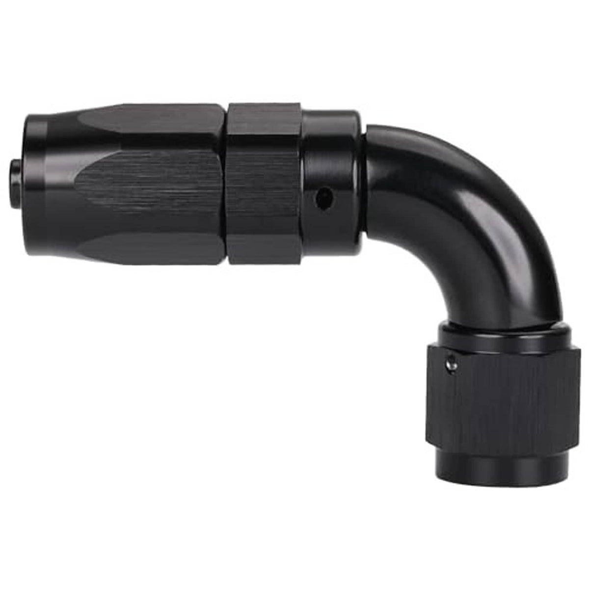 Black 90-degree AN hose end swivel fitting with curved elbow and hex mounting end