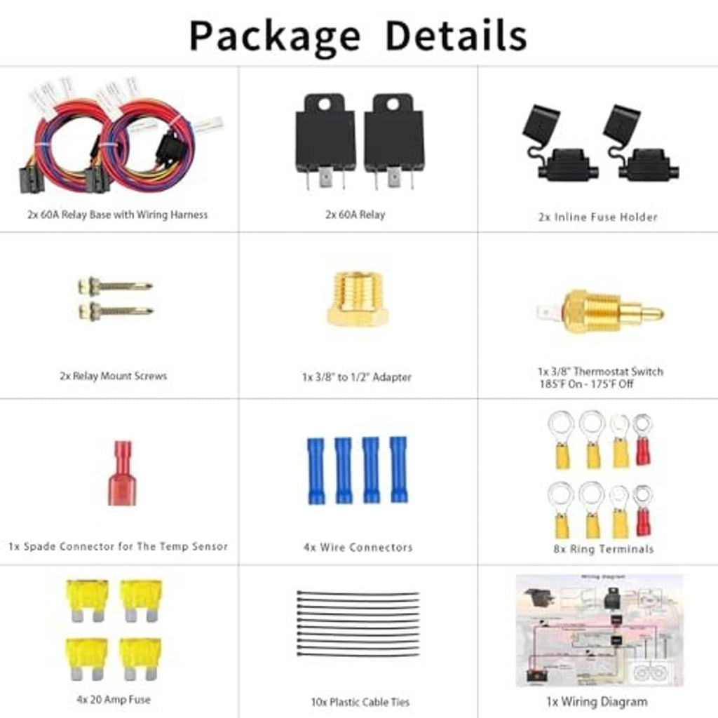 Dual electric radiator fan wiring kit package details with relays, fuses, fuse holders and terminals