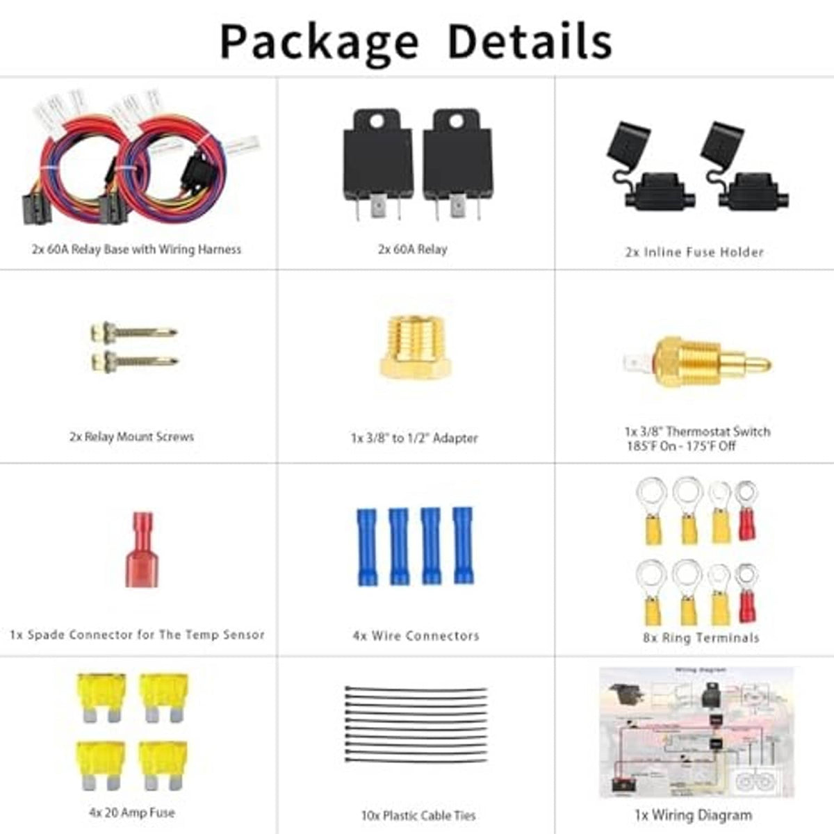 Dual electric radiator fan wiring kit package details with relays, fuses, fuse holders and terminals