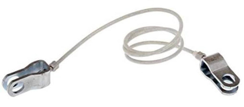 Hood release cable with metal latches and coiled gray wire.