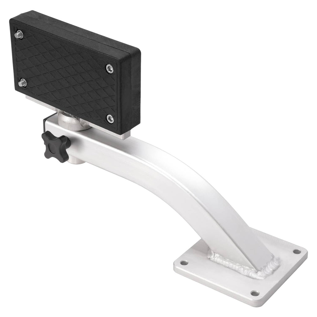 Trolling motor bracket with black textured plate, black knob, and silver curved arm