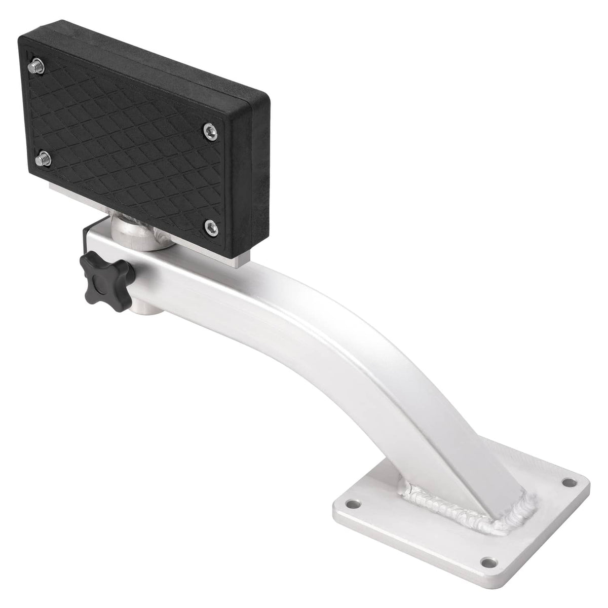 Trolling motor bracket with black textured plate, black knob, and silver curved arm