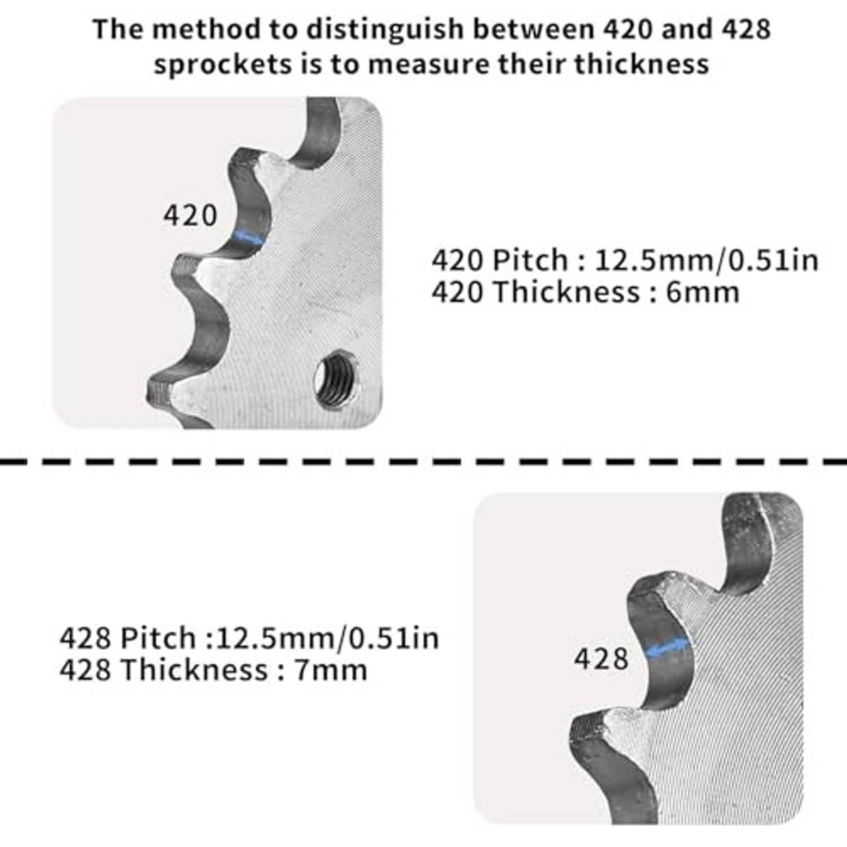 Metal roller chain sprocket profile showing tooth thickness difference; side view