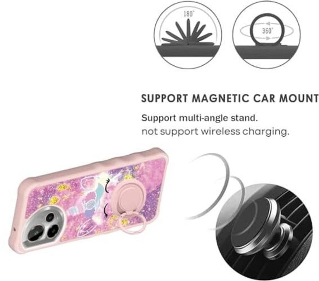 Pink glitter phone case with unicorn art and round ring stand for car mount
