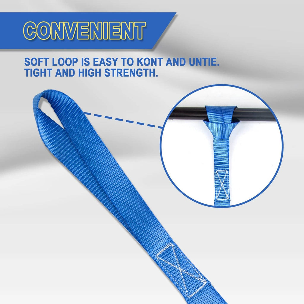 Blue soft-loop tie-down strap with loop end and stitched reinforcement