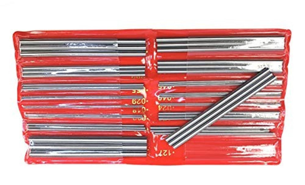 Thread wire measuring rods with orange case, arranged in rows
