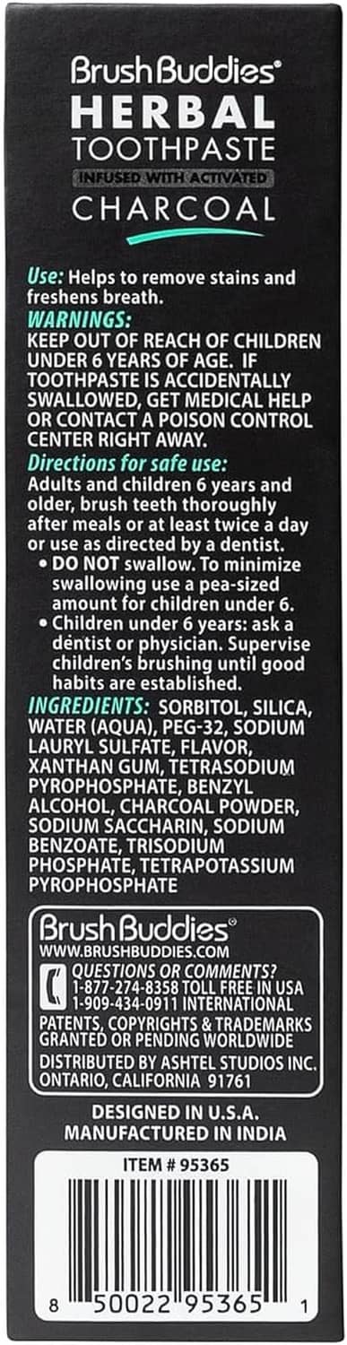 Herbal charcoal toothpaste box back label with ingredients, warnings, and barcode