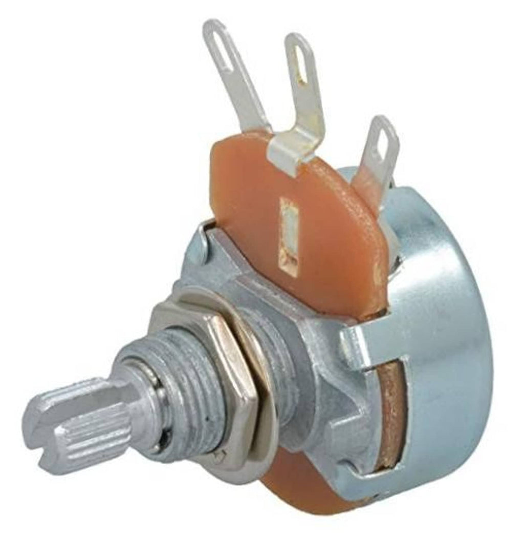 Wirewound linear taper potentiometer with metal shaft, orange ceramic body, solder lugs