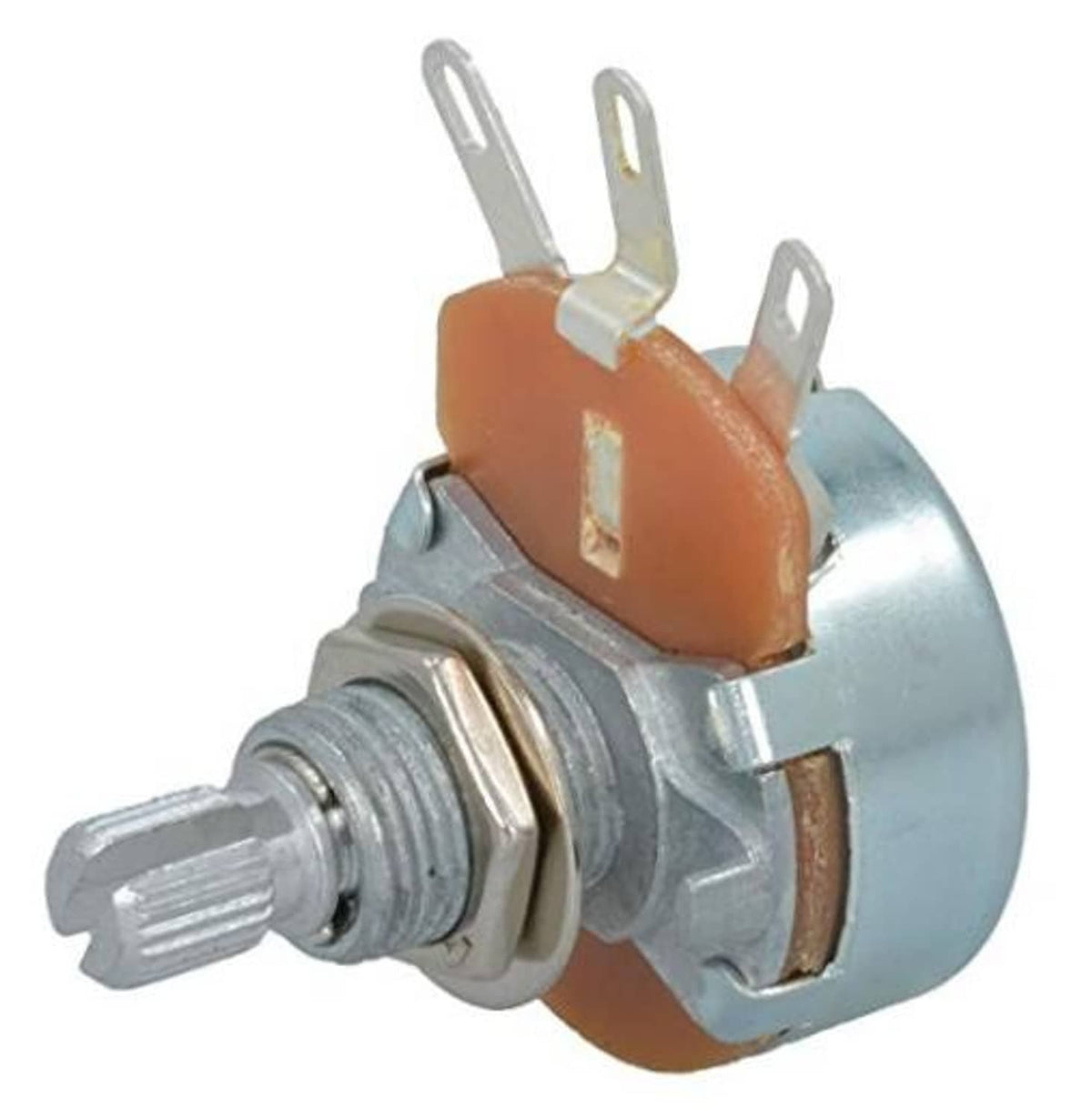 Wirewound linear taper potentiometer with metal shaft, orange ceramic body, solder lugs