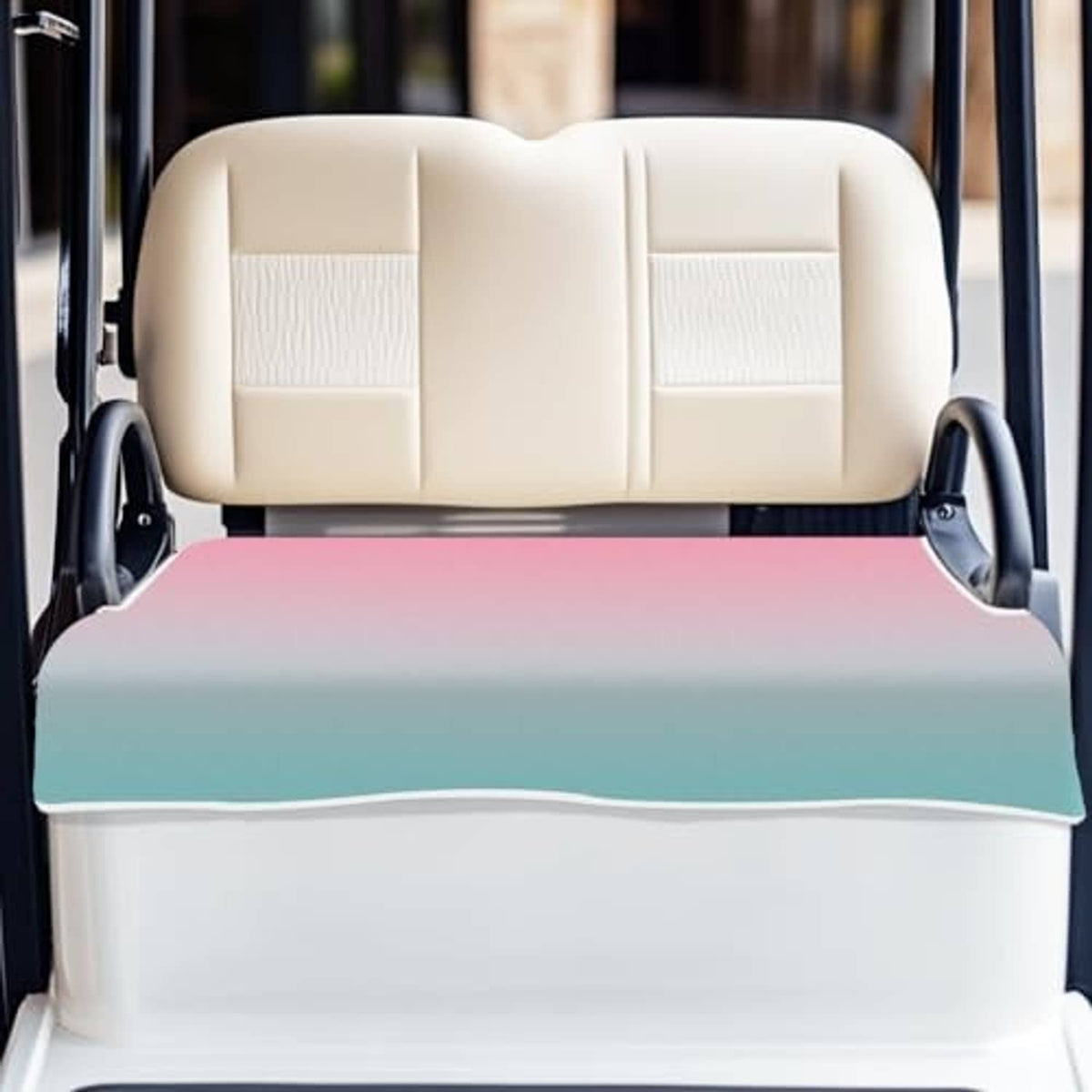Golf cart seat cover towel in pink-to-teal ombre microfiber, neatly covering front seat