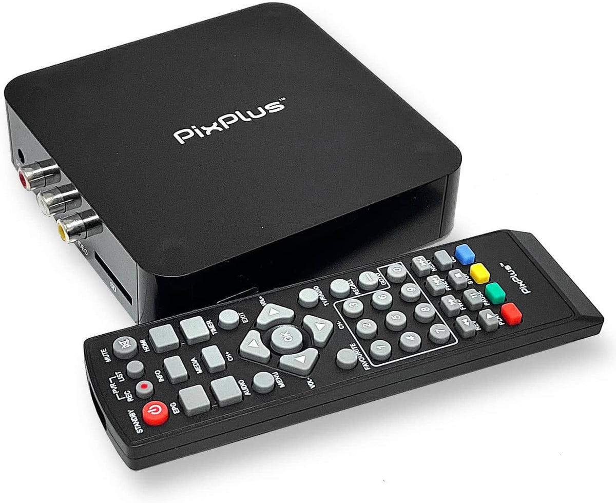 Pixplus black ATSC digital converter box featuring remote buttons and ports