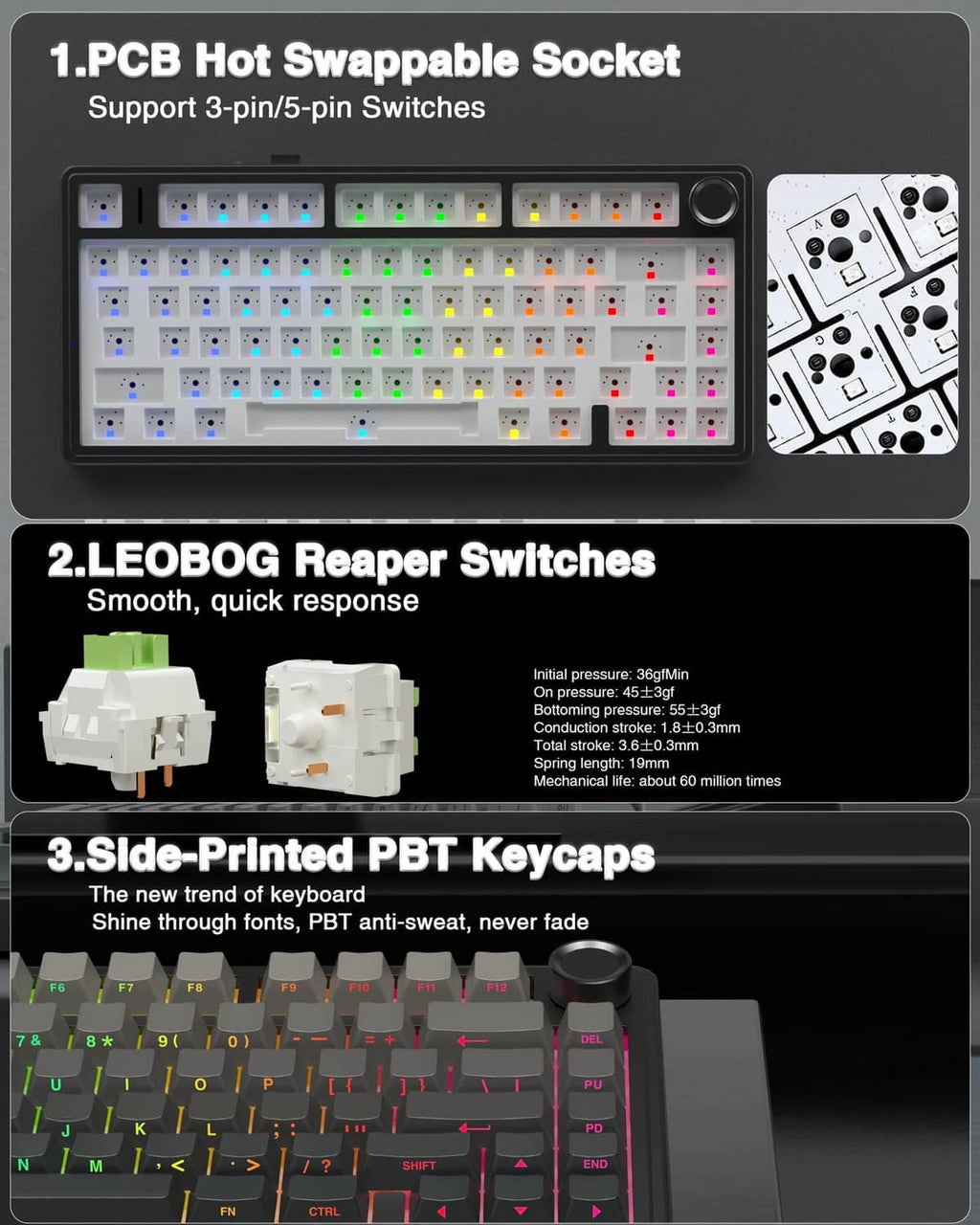 75% mechanical keyboard with hot-swappable socket layout and PBT keycap side view
