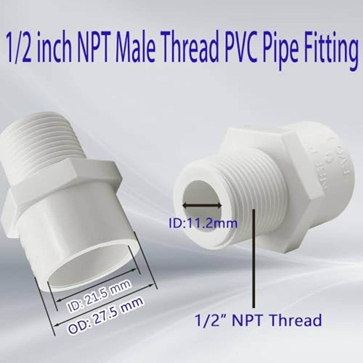 1/2 in NPT male PVC pipe adapter fitting with male thread opening