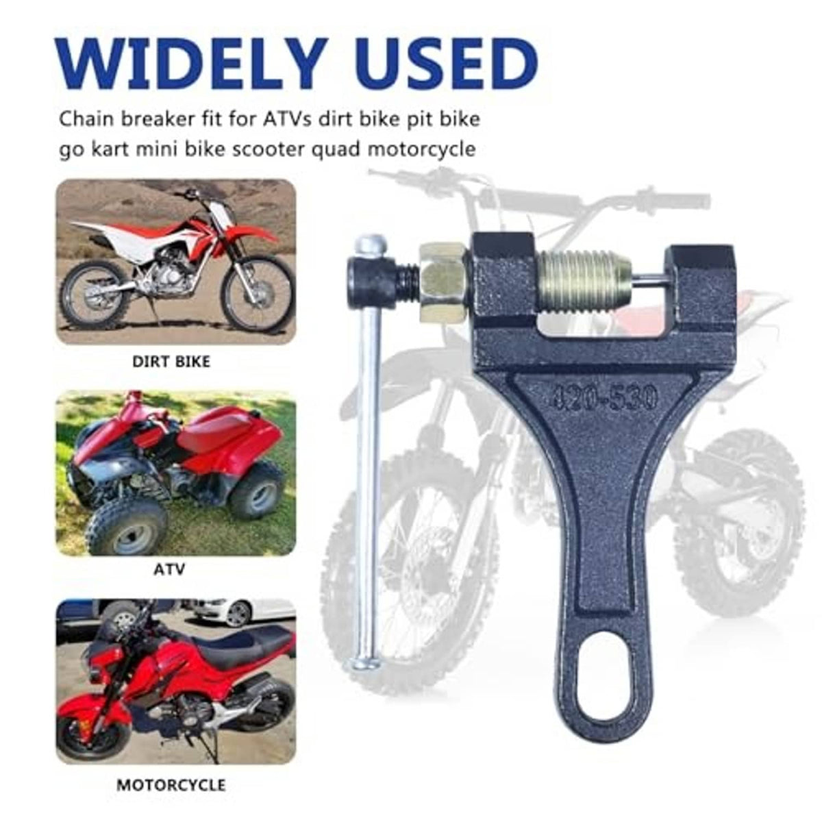 Chain breaker tool with dark frame and long lever pin; compact threaded screw assembly